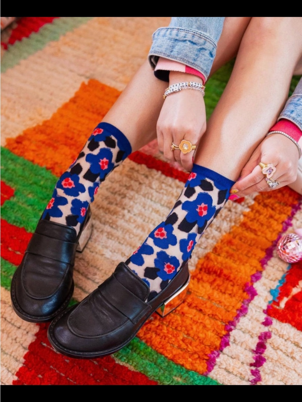 Sock Candy Bold Blue Floral Sheer Crew Sock. Price firm.